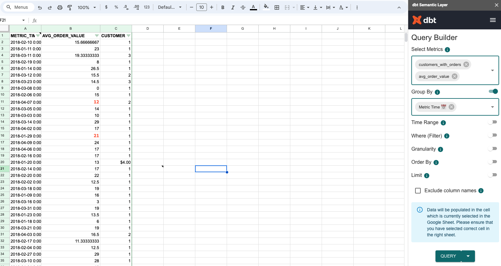 Use the dbt Semantic Layer's Google Sheet integration to query metrics with a Query Builder menu.